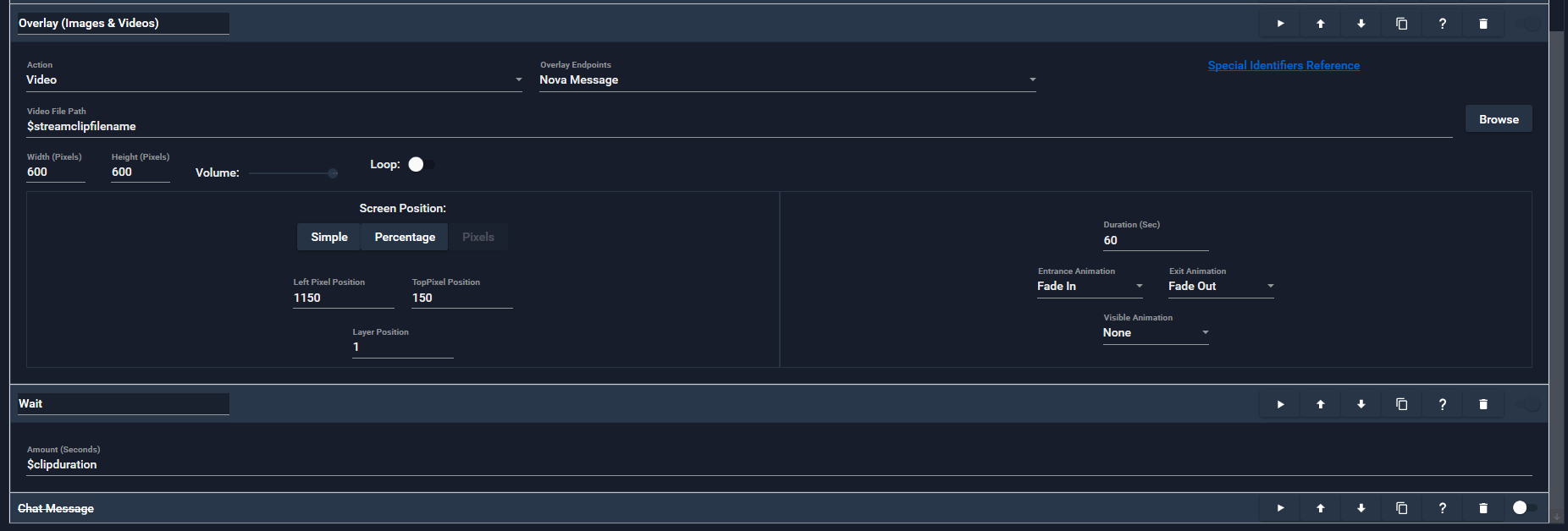 The overlay and wait actions of the random clip action group